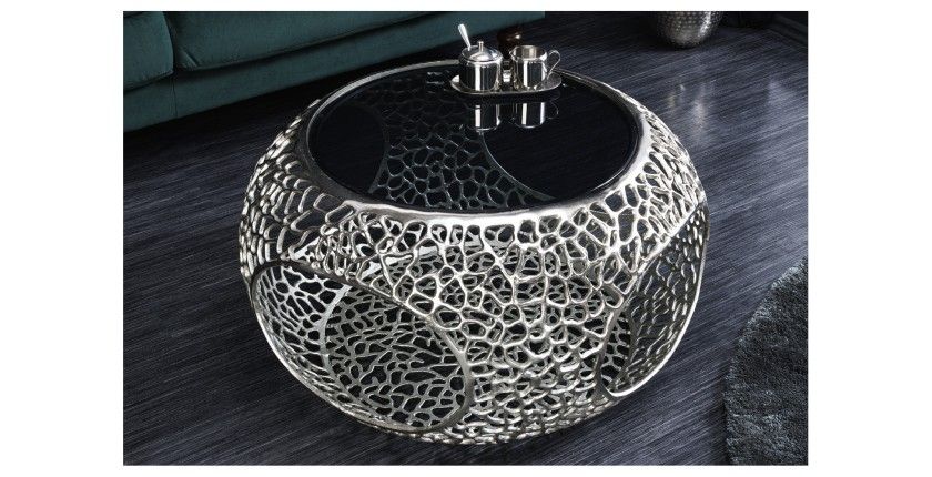 Table basse METRIX ronde 74 cm argentée avec plateau en verre trempé noir – Table basse design avec niches