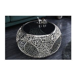 Table basse METRIX ronde 74 cm argentée avec plateau en verre trempé noir – Table basse design avec niches