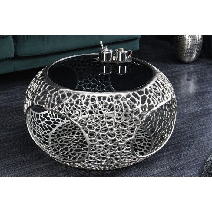 Beistelltisch METRIX rund 74 cm silberfarben mit schwarzer, gehärteter Glasplatte – Designer-Couchtisch mit Fächern