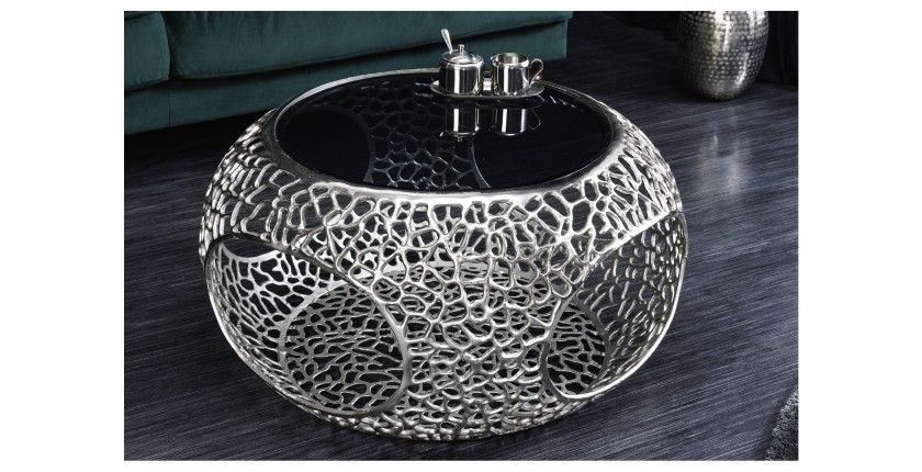 Table basse METRIX ronde 74 cm argentée avec plateau en verre trempé noir – Table basse design avec niches