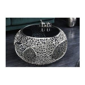 Table basse METRIX ronde 74 cm argentée avec plateau en verre trempé noir – Table basse design avec niches