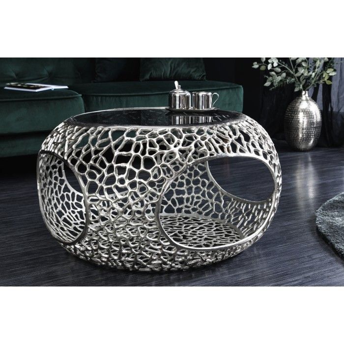 Beistelltisch METRIX rund 74 cm silberfarben mit schwarzer, gehärteter Glasplatte – Designer-Couchtisch mit Fächern