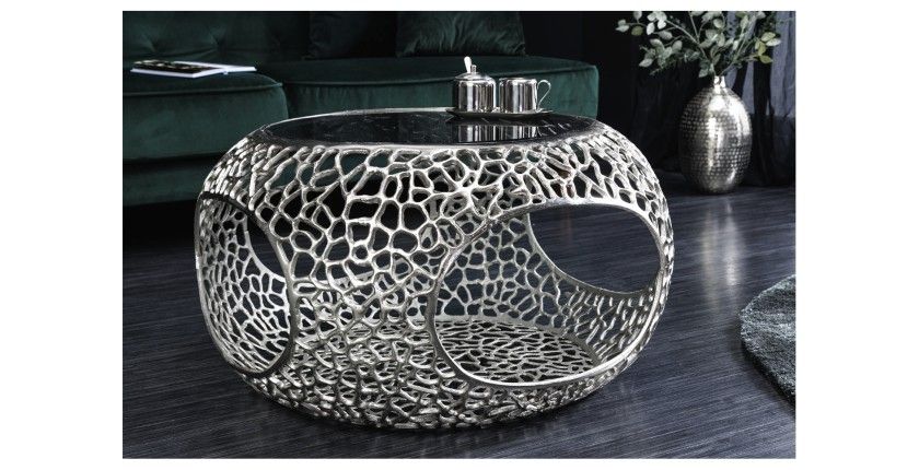 Table basse METRIX ronde 74 cm argentée avec plateau en verre trempé noir – Table basse design avec niches