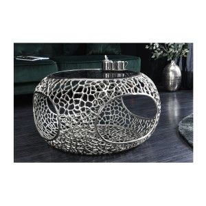 Table basse METRIX ronde 74 cm argentée avec plateau en verre trempé noir – Table basse design avec niches