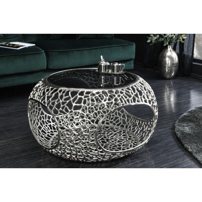 Beistelltisch METRIX rund 74 cm silberfarben mit schwarzer, gehärteter Glasplatte – Designer-Couchtisch mit Fächern