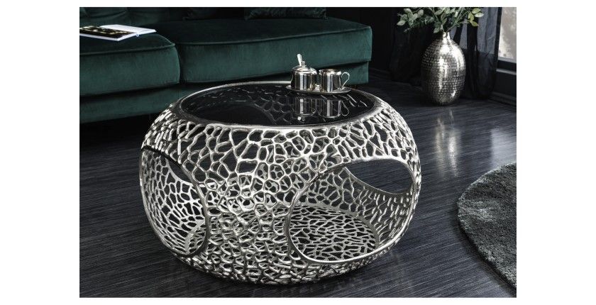 Table basse METRIX ronde 74 cm argentée avec plateau en verre trempé noir – Table basse design avec niches