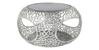 Table basse METRIX ronde 74 cm argentée avec plateau en verre trempé noir – Table basse design avec niches
