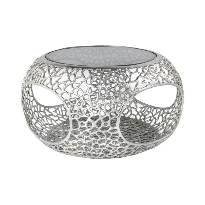 Beistelltisch METRIX rund 74 cm silberfarben mit schwarzer, gehärteter Glasplatte – Designer-Couchtisch mit Fächern