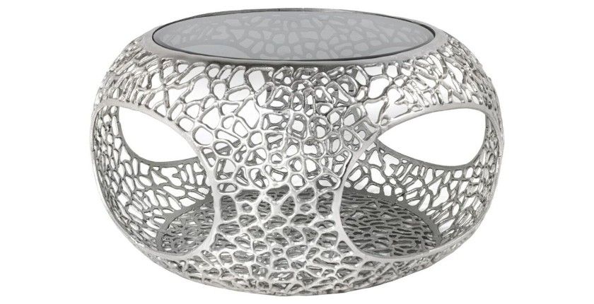 Table basse METRIX ronde 74 cm argentée avec plateau en verre trempé noir – Table basse design avec niches