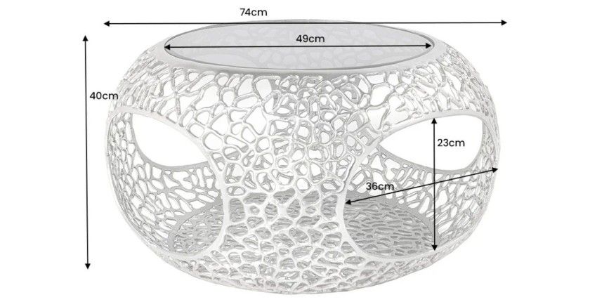 Table basse METRIX ronde 74 cm argentée avec plateau en verre trempé noir – Table basse design avec niches