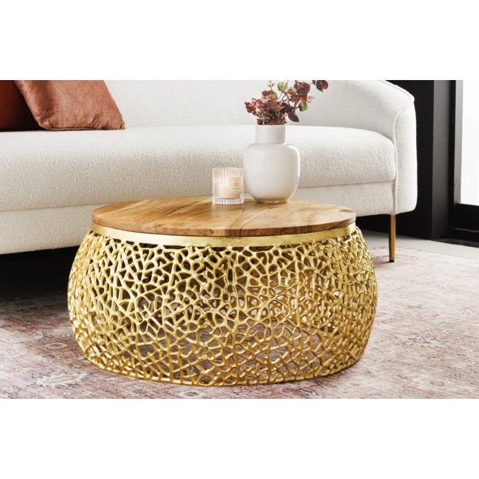 Couchtisch METRIX rund 72 cm golden mit Akazienholzplatte – Design-Couchtisch aus Aluminium und Massivholz