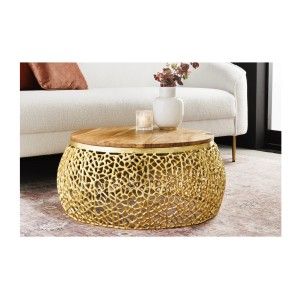 Table basse METRIX ronde 72 cm dorée avec plateau en bois d’acacia – Table basse design en aluminium et bois massif