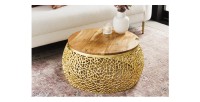 Table basse METRIX ronde 72 cm dorée avec plateau en bois d’acacia – Table basse design en aluminium et bois massif