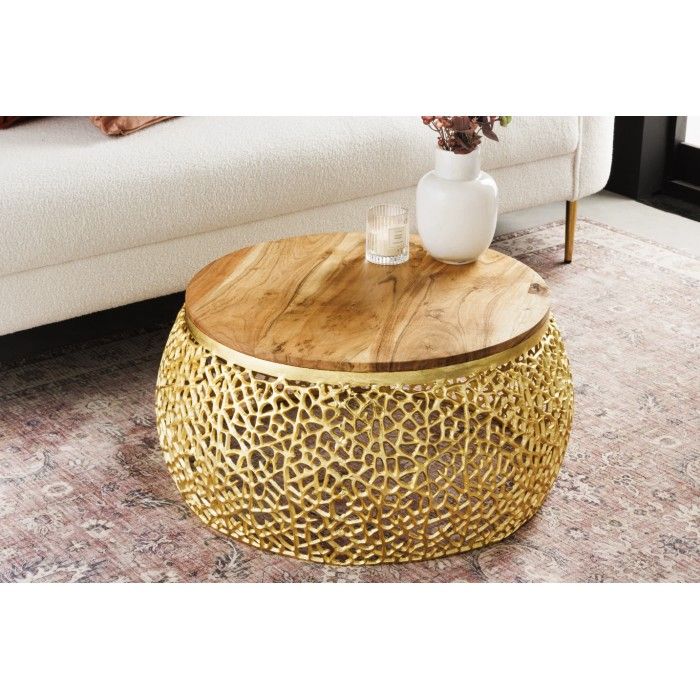 Couchtisch METRIX rund 72 cm golden mit Akazienholzplatte – Design-Couchtisch aus Aluminium und Massivholz