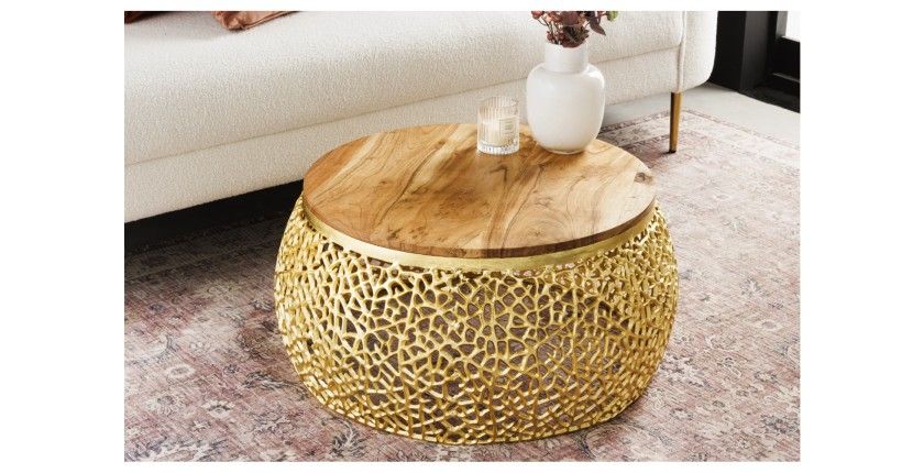 Table basse METRIX ronde 72 cm dorée avec plateau en bois d’acacia – Table basse design en aluminium et bois massif