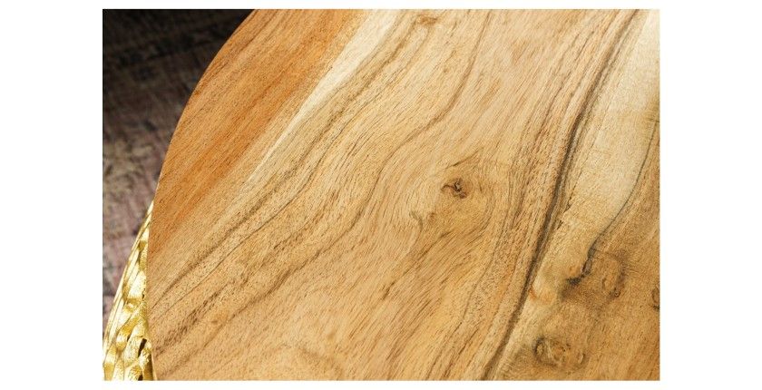 Table basse METRIX ronde 72 cm dorée avec plateau en bois d’acacia – Table basse design en aluminium et bois massif