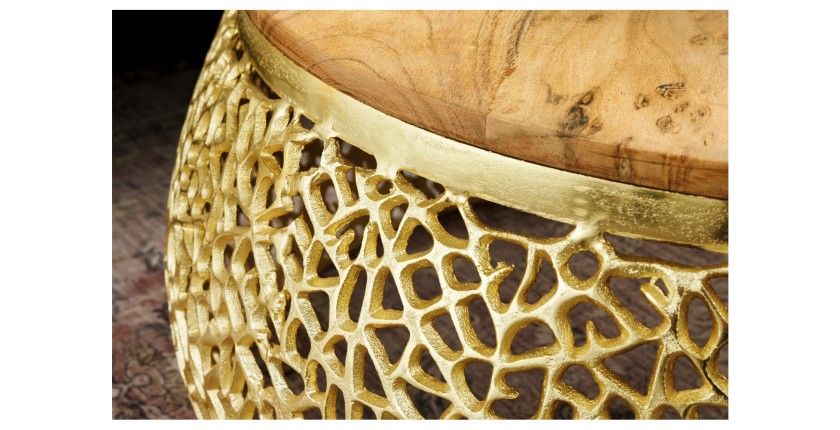 Table basse METRIX ronde 72 cm dorée avec plateau en bois d’acacia – Table basse design en aluminium et bois massif