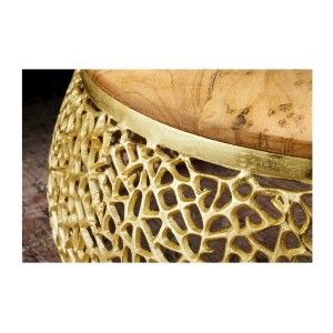 Table basse METRIX ronde 72 cm dorée avec plateau en bois d’acacia – Table basse design en aluminium et bois massif