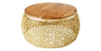 Table basse METRIX ronde 72 cm dorée avec plateau en bois d’acacia – Table basse design en aluminium et bois massif