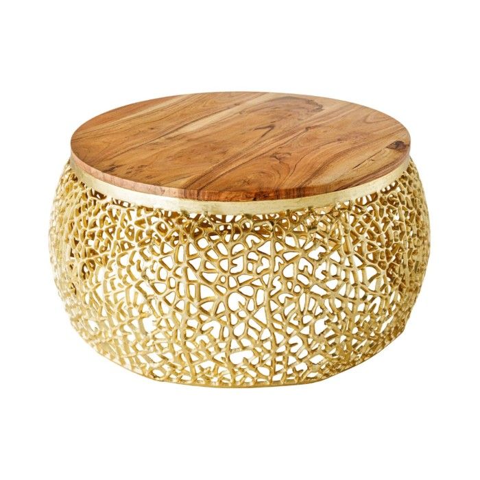 Couchtisch METRIX rund 72 cm golden mit Akazienholzplatte – Design-Couchtisch aus Aluminium und Massivholz