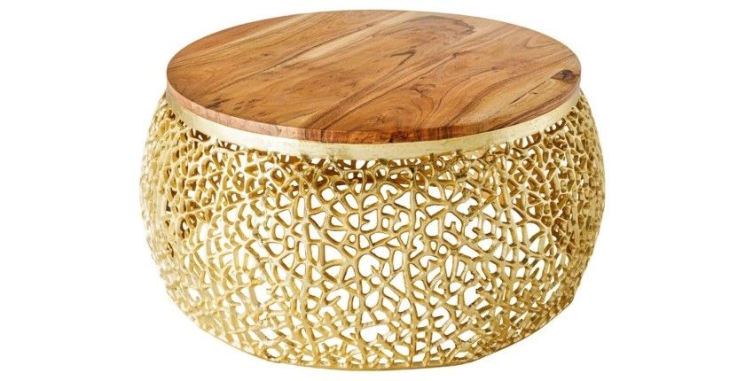 Table basse METRIX ronde 72 cm dorée avec plateau en bois d’acacia – Table basse design en aluminium et bois massif