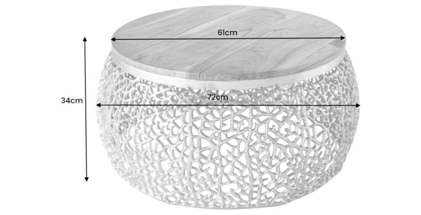Table basse METRIX ronde 72 cm dorée avec plateau en bois d’acacia – Table basse design en aluminium et bois massif