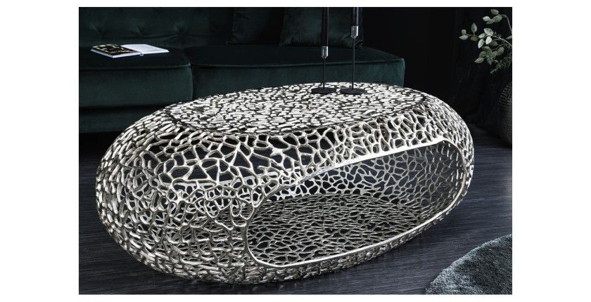 Table basse METRIX ovale 119 cm argentée avec niche intégrée – Table basse design en aluminium