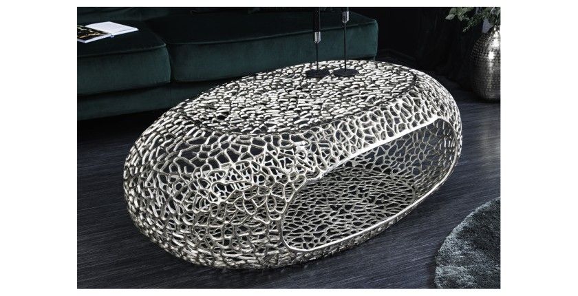 Table basse METRIX ovale 119 cm argentée avec niche intégrée – Table basse design en aluminium