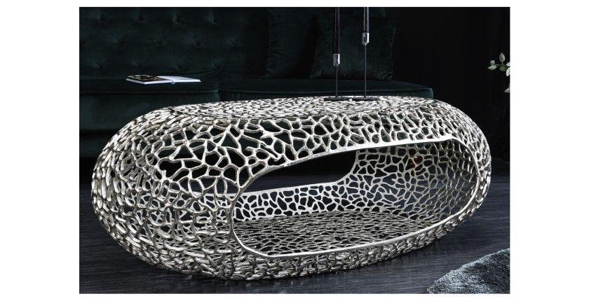 Table basse METRIX ovale 119 cm argentée avec niche intégrée – Table basse design en aluminium