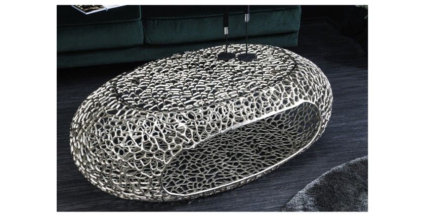 Table basse METRIX ovale 119 cm argentée avec niche intégrée – Table basse design en aluminium