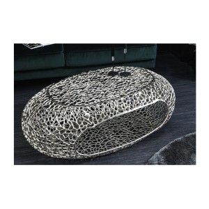 Table basse METRIX ovale 119 cm argentée avec niche intégrée – Table basse design en aluminium