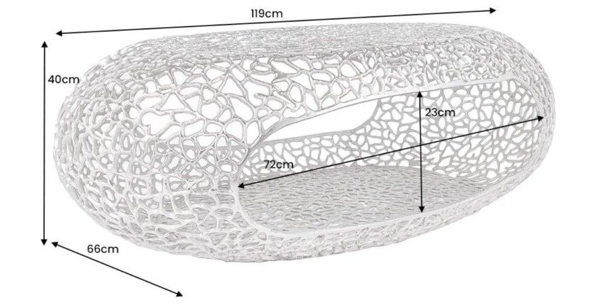 Table basse METRIX ovale 119 cm argentée avec niche intégrée – Table basse design en aluminium