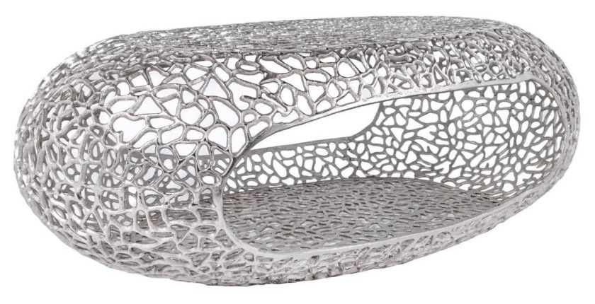 Table basse METRIX ovale 119 cm argentée avec niche intégrée – Table basse design en aluminium