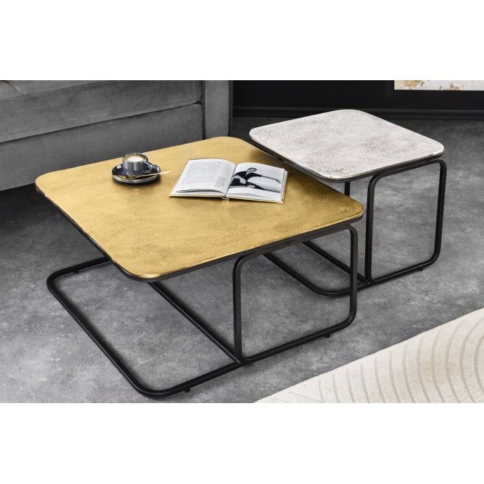 Lot di 2 tavolini gigogne METRIX quadrati dorati e argentati - Tavolini design impilabili in metallo