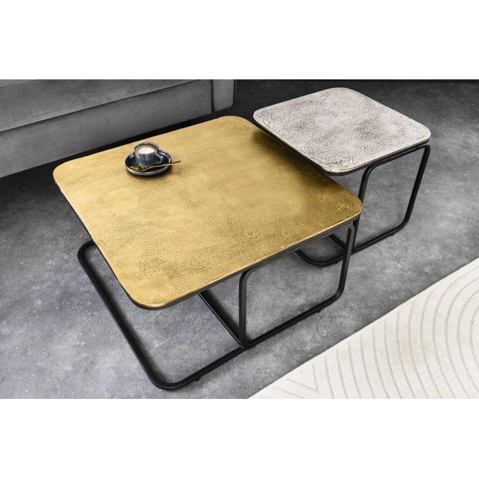 Lot di 2 tavolini gigogne METRIX quadrati dorati e argentati - Tavolini design impilabili in metallo