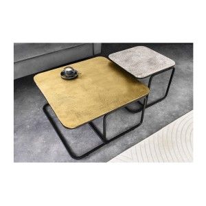 Lot de 2 tables basses gigognes METRIX carrées dorée et argentée – Tables basses design empilables en métal