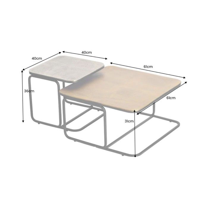 Lot di 2 tavolini gigogne METRIX quadrati dorati e argentati - Tavolini design impilabili in metallo
