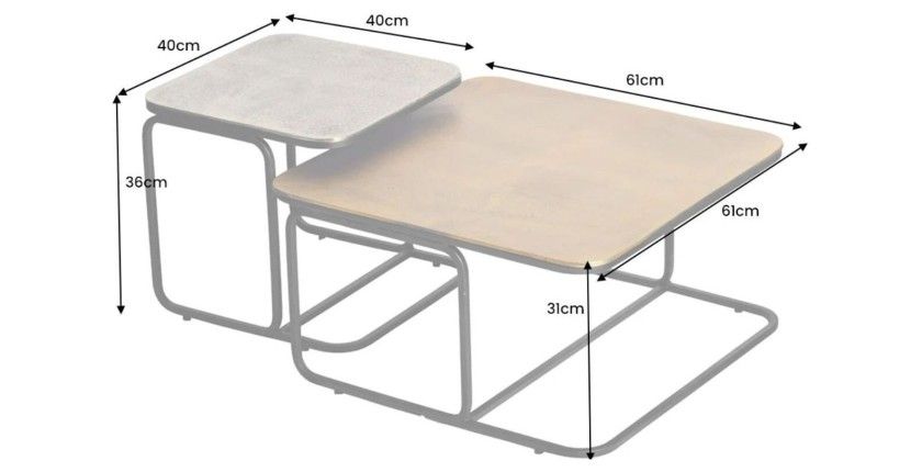 Lot de 2 tables basses gigognes METRIX carrées dorée et argentée – Tables basses design empilables en métal