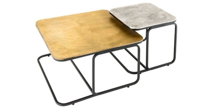 Lot de 2 tables basses gigognes METRIX carrées dorée et argentée – Tables basses design empilables en métal