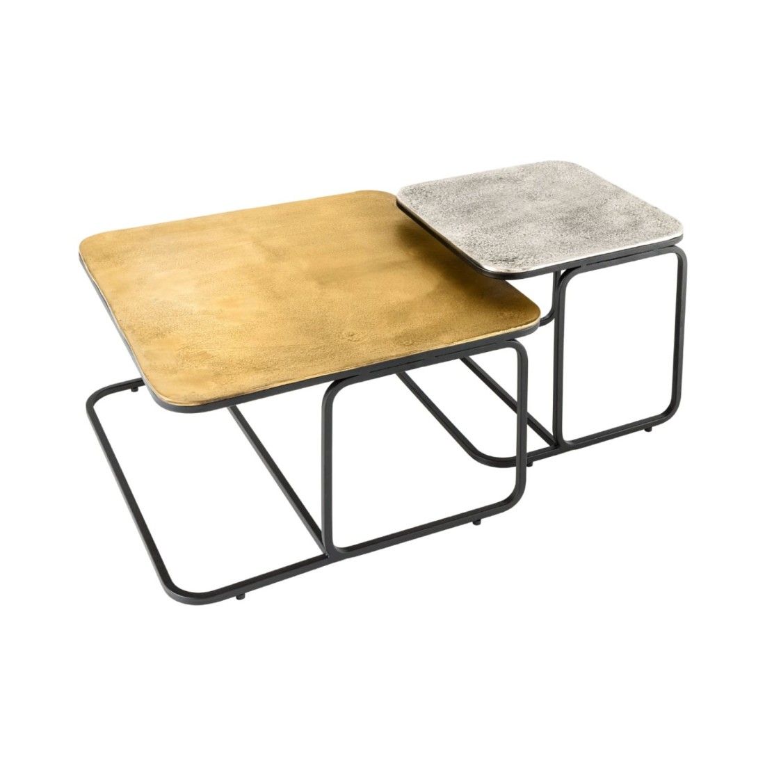 Lot de 2 tables basses gigognes METRIX carrées dorée et argentée – Tables basses design empilables en métal