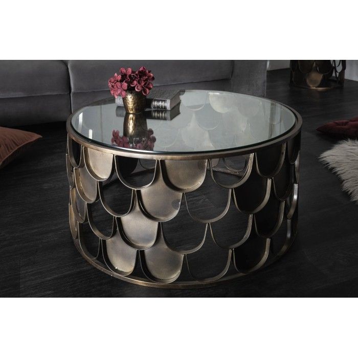 Couchtisch METRIX rund 60 cm Bronze mit Schuppenstruktur – Design-Couchtisch aus Metall und gehärtetem Glas