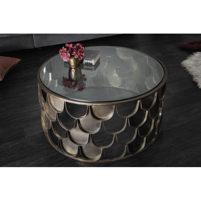 Couchtisch METRIX rund 60 cm Bronze mit Schuppenstruktur – Design-Couchtisch aus Metall und gehärtetem Glas