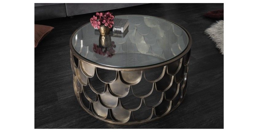 Table basse METRIX ronde 60 cm bronze avec structure effet écaille – Table basse design en métal et verre trempé