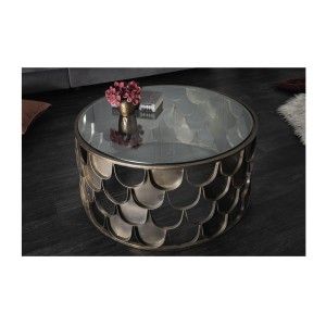 Table basse METRIX ronde 60 cm bronze avec structure effet écaille – Table basse design en métal et verre trempé