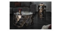Table basse METRIX ronde 60 cm bronze avec structure effet écaille – Table basse design en métal et verre trempé