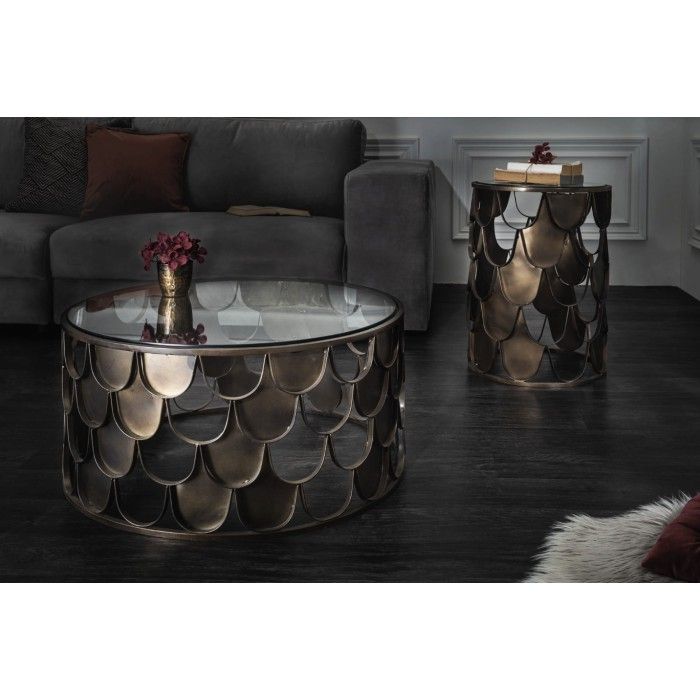 Couchtisch METRIX rund 60 cm Bronze mit Schuppenstruktur – Design-Couchtisch aus Metall und gehärtetem Glas