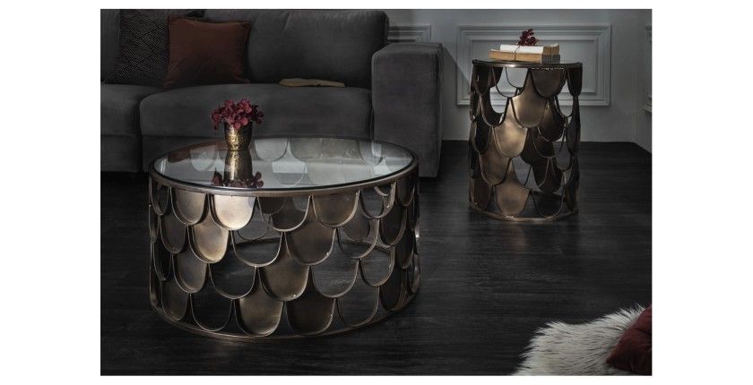 Table basse METRIX ronde 60 cm bronze avec structure effet écaille – Table basse design en métal et verre trempé