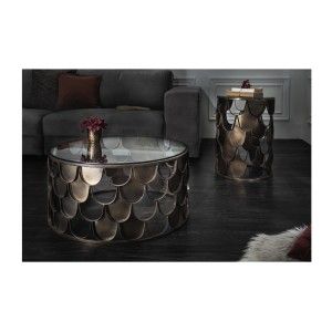 Table basse METRIX ronde 60 cm bronze avec structure effet écaille – Table basse design en métal et verre trempé