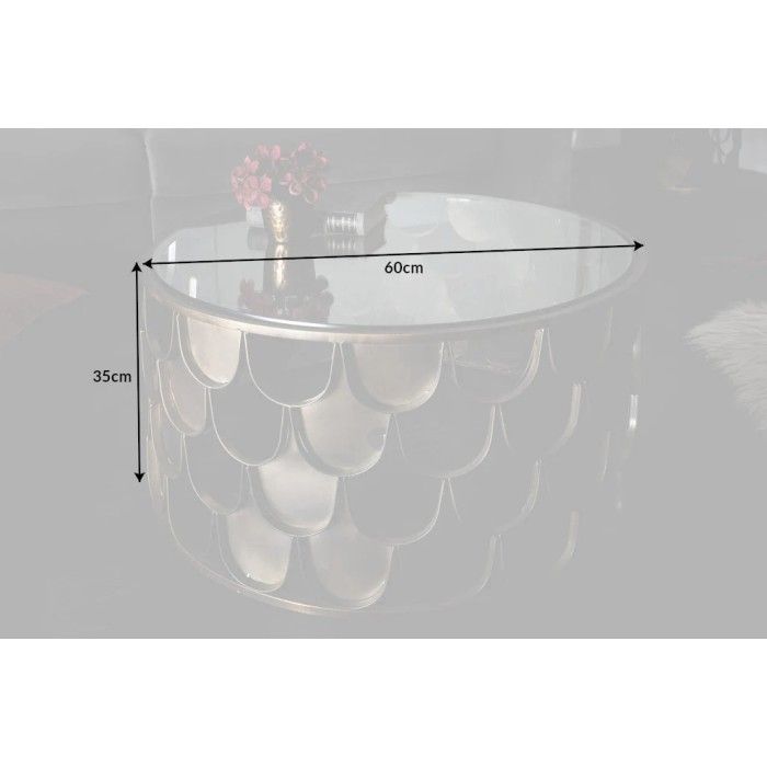 Couchtisch METRIX rund 60 cm Bronze mit Schuppenstruktur – Design-Couchtisch aus Metall und gehärtetem Glas