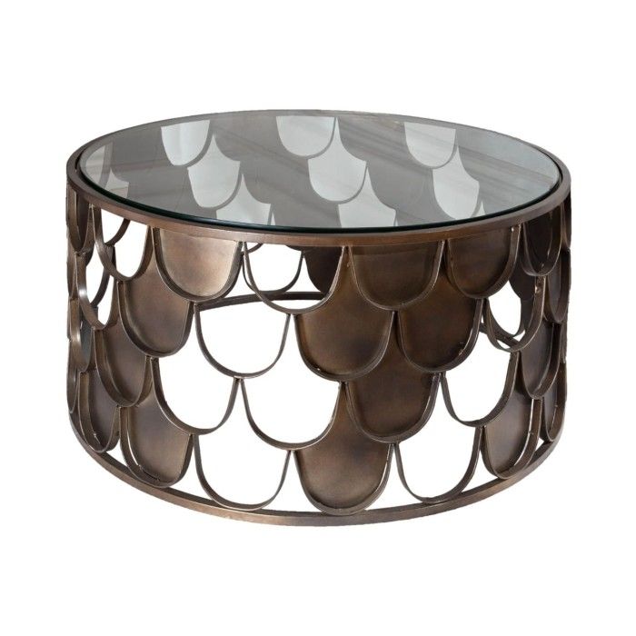 Couchtisch METRIX rund 60 cm Bronze mit Schuppenstruktur – Design-Couchtisch aus Metall und gehärtetem Glas